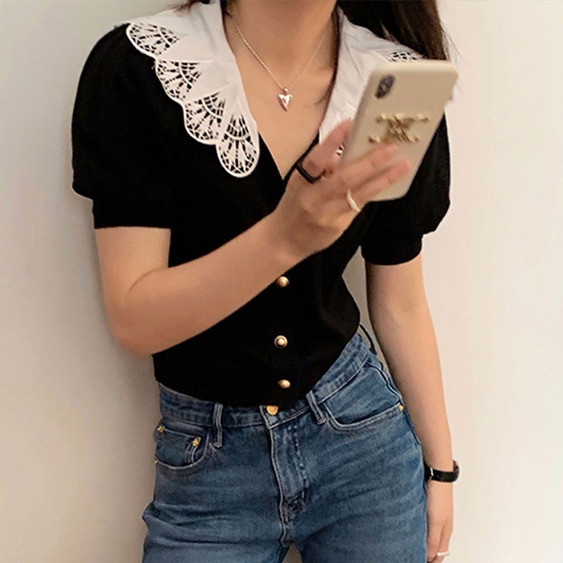 Áo Thun Dệt Kim Tay Ngắn Cổ Chữ V Thời Trang Hàn Quốc Dành Cho Nữ