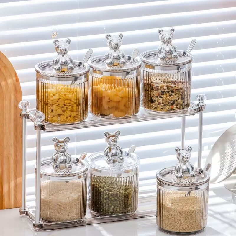 Hộp lưu trữ gia vị trang trí hình gấu Kệ hai lớp acrylic có nắp Bộ hộp lưu trữ gia vị chống bụi