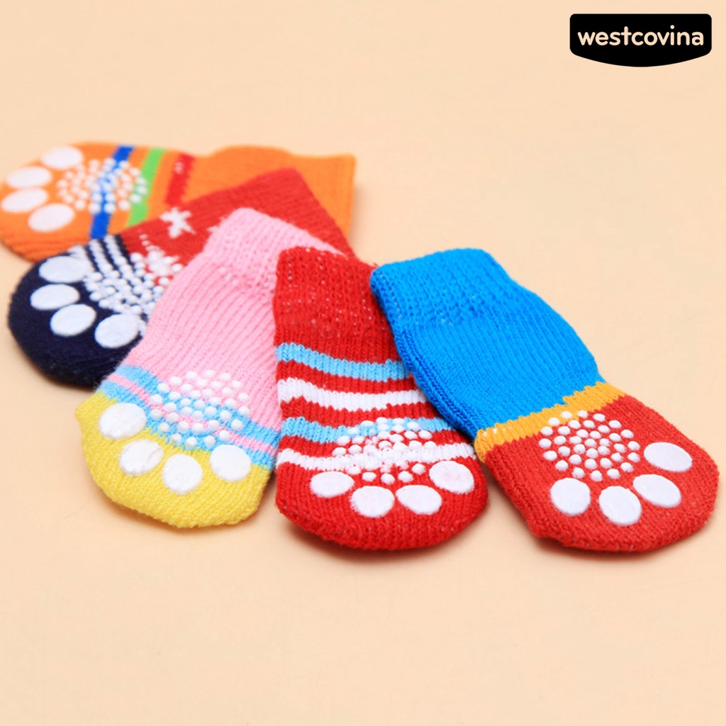 [COD]♘Set 4 Đôi Tất Cotton Chống Trượt Hình Dấu Chân Cho Thú Cưng