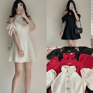 Đầm dạ cổ yếm khoét vai tay bồng dáng suông ngắn hàng nơ 3 màu size SM Pumi