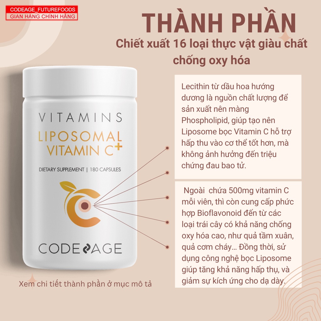 Viên Uống Vitamin C Tăng Cường Miễn Dịch Codeage Liposomal Vitamin C 180 Viên Dưỡng Sáng Da, Mờ Thâm