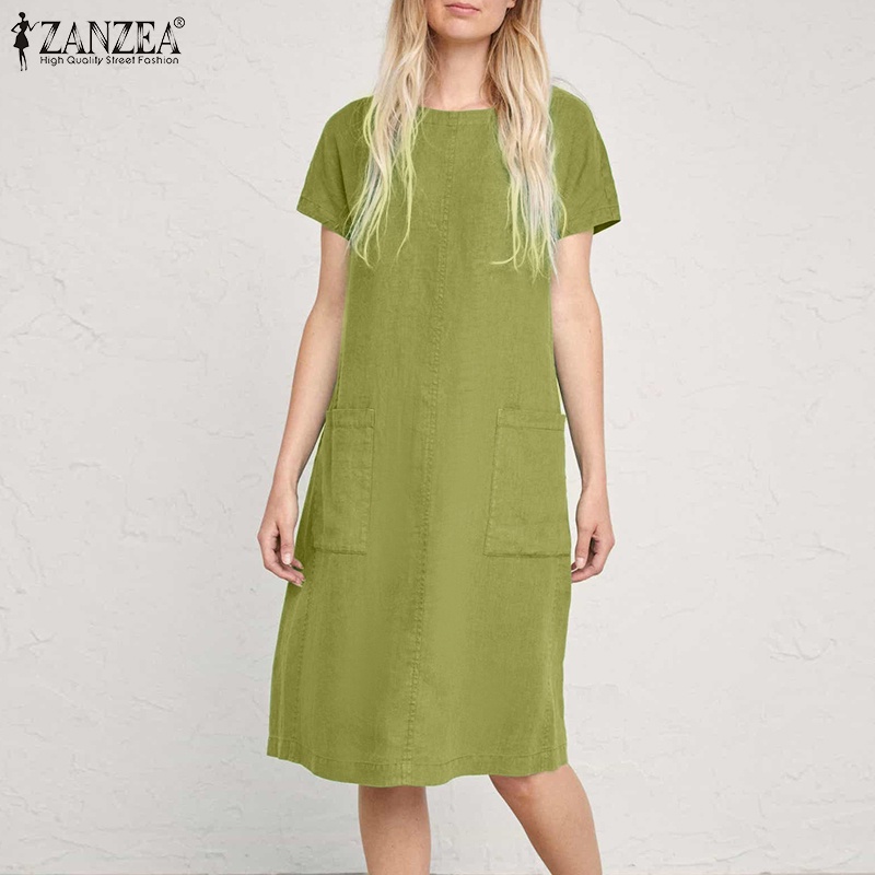 ZANZEA Đầm Nữ Ngắn Tay Cổ Tròn Màu Trơn Thời Trang