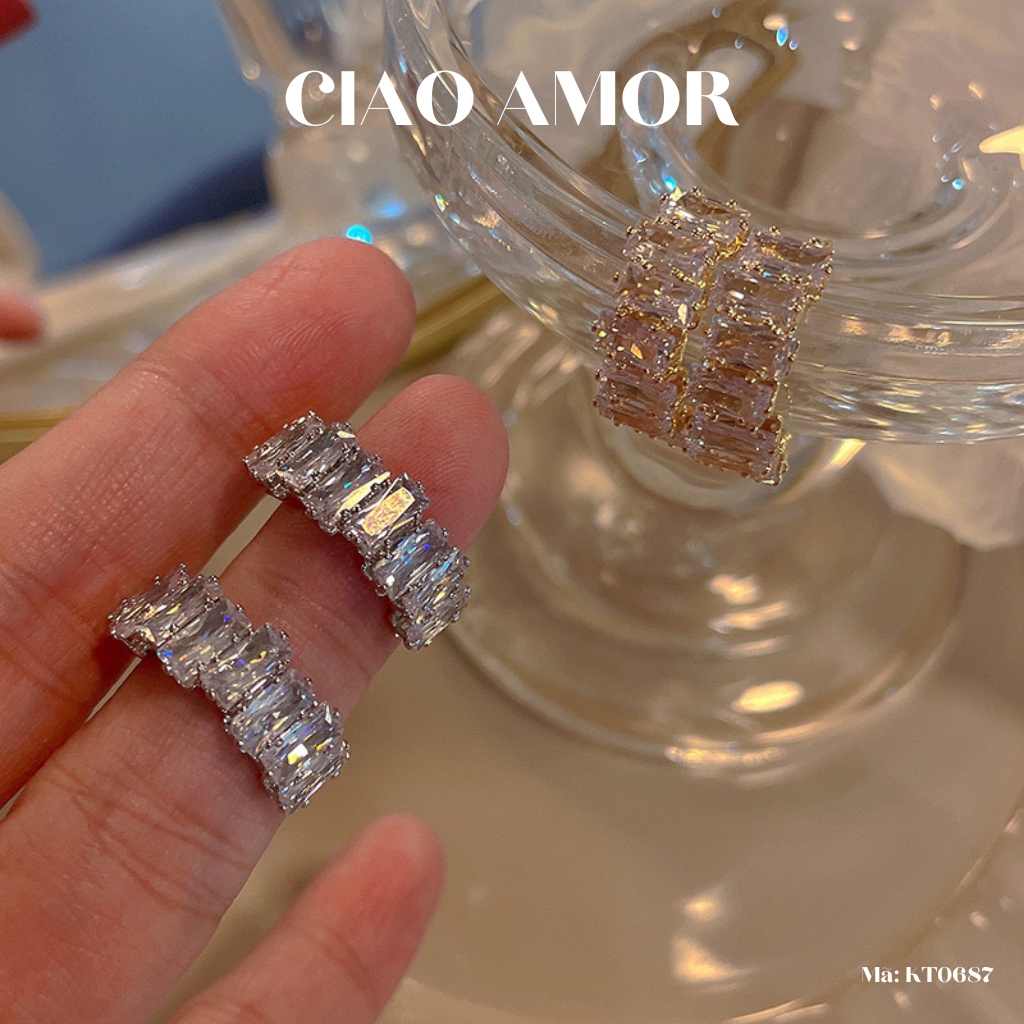 Khuyên tai nữ, Bông tai bạc 925 đá xếp dài lấp lánh nửa vòng Trang sức Ciao Amor - KT0687