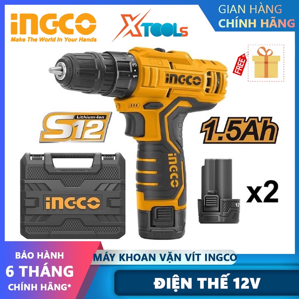 Máy khoan búa dùng pin 12V INGCO CIDLI1232 và máy khoan siết vít CDLI12325 nhông 2 tốc độ, có đèn led kèm 2 pin và 1 sạc