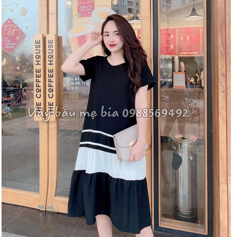 Váy bầu bigsize -Đầm bầu thiết kế GuMe màu đen đuôi cá 3 tầng phối trắng nhẹ nhàng chất vải sạn lụa sz từ 40-100kg MB63