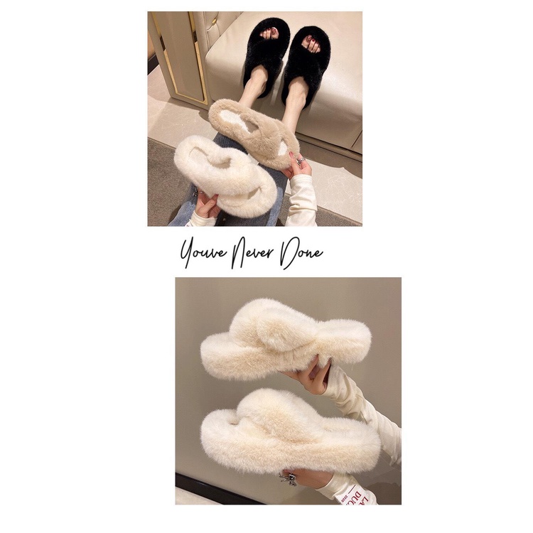 Dép lông xù  quai chéo đế dày, dép đi trong nhà siêu ấm thời trang thu đông HÀN QUỐC DP25