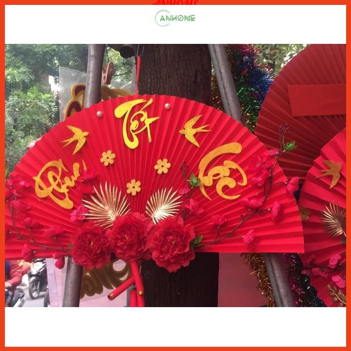 Quạt giấy trang trí Tết 2023, mang may mắn, tài lộc, quạt giấy đỏ decor treo tường phòng khách, cửa hàng Tết 2023