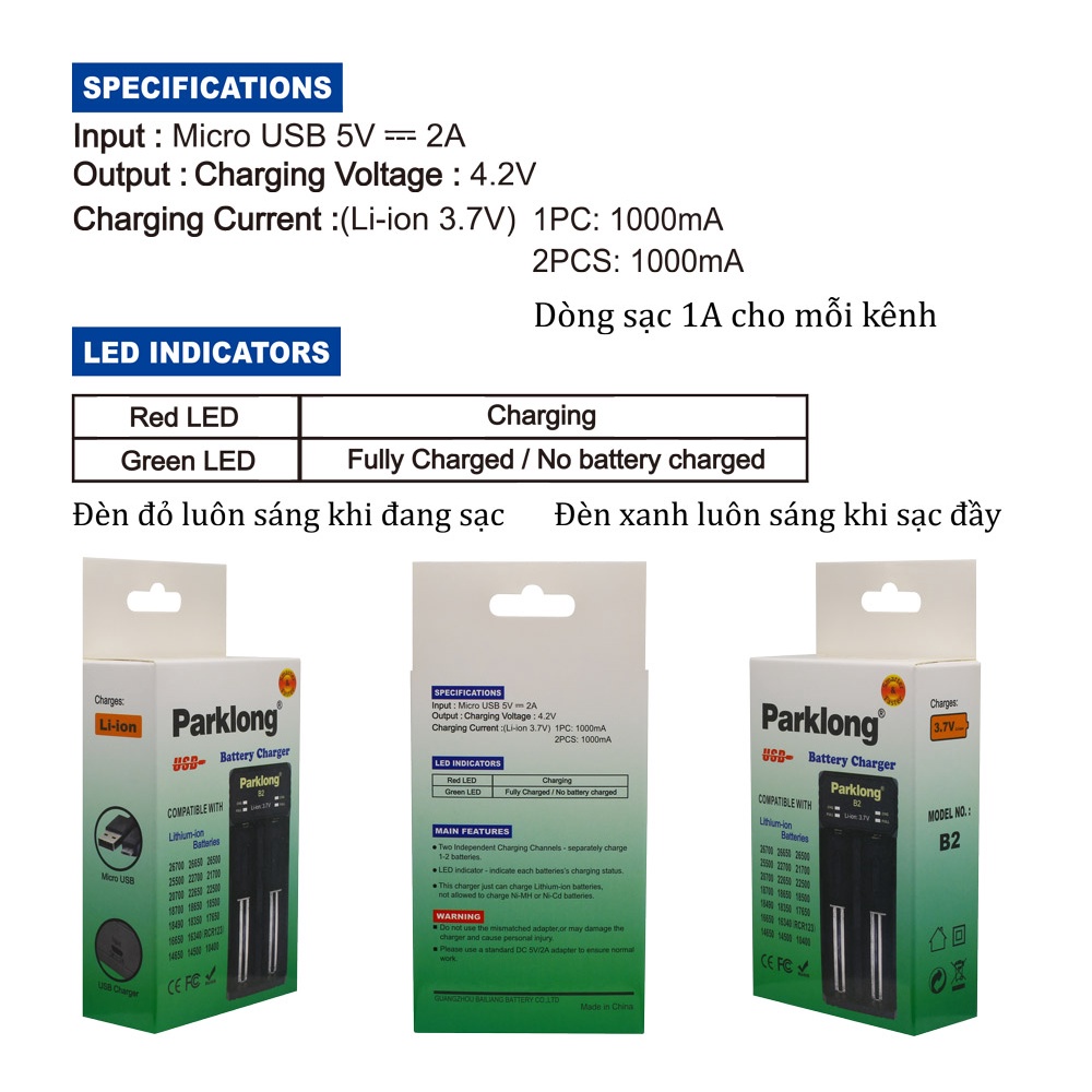 Bộ sạc Parklong B2,pin sạc 18650 pin 3.7V 2200mAh,2600mAh,3000mAh,3400mAh,sạcA1,A2,A4, Pin chính hãng