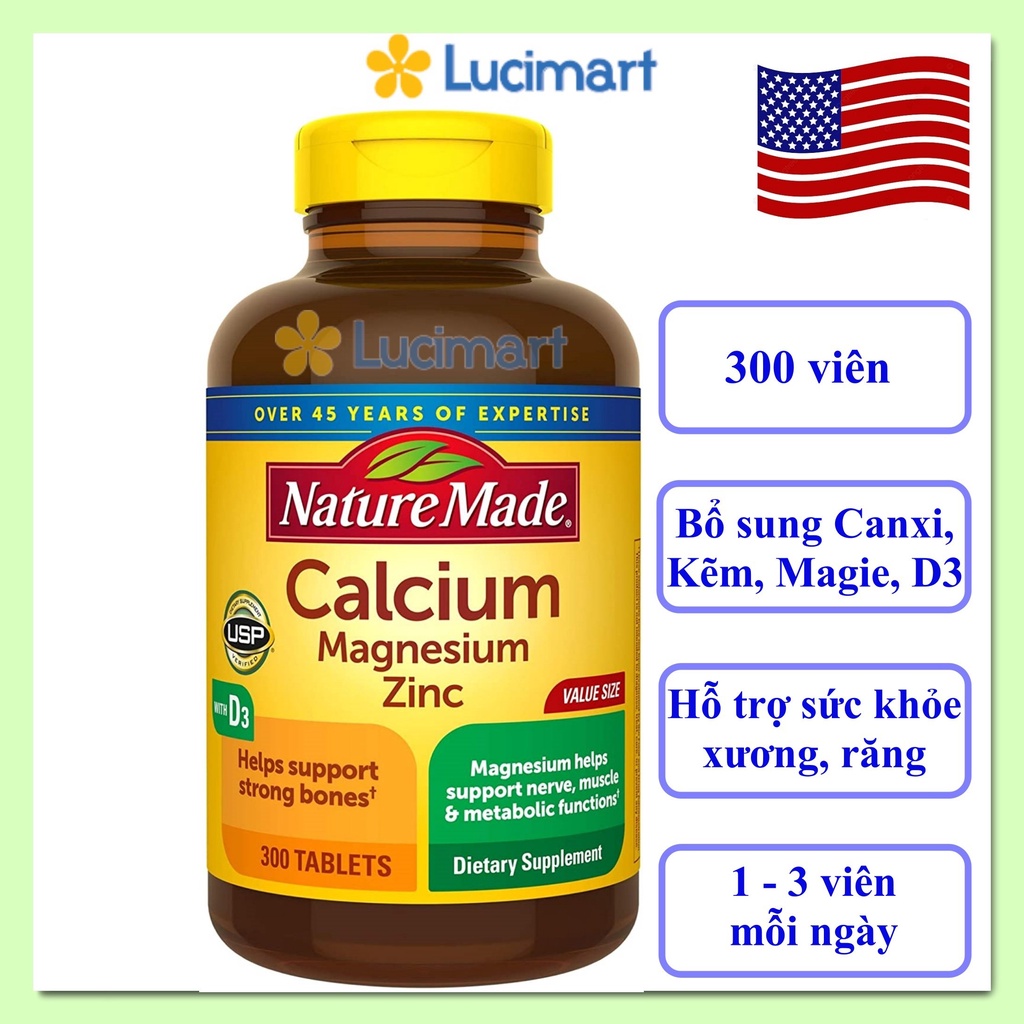 Viên uống Calcium Magnesium Zinc Nature Made bổ sung Canxi, Kẽm, Magie với Vitamin D3, hũ 300 viên [Hàng Mỹ]