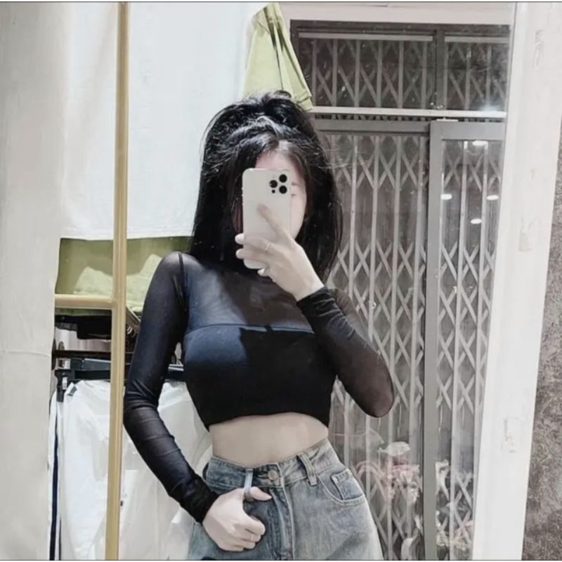 Áo thun croptop lụa phối lưới xinh xắn hot girl