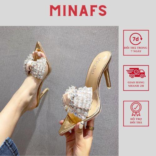 Guốc Nữ Cao Gót Mũi Nhọn MINAFS Guốc Quai Trong Nơ Đá Gót Nhọn Cao 9cm Màu Vàng Bạc - GMNND