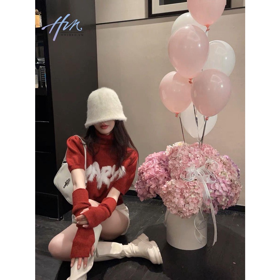 Áo Sweater Dệt Kim Tay Ngắn Cổ Cao Dáng Ôm Thời Trang Cho Nữ