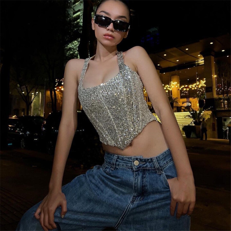 Weird Puss Áo Croptop Hai Dây Đính Kim Sa Lấp Lánh Thời Trang Cho Nữ