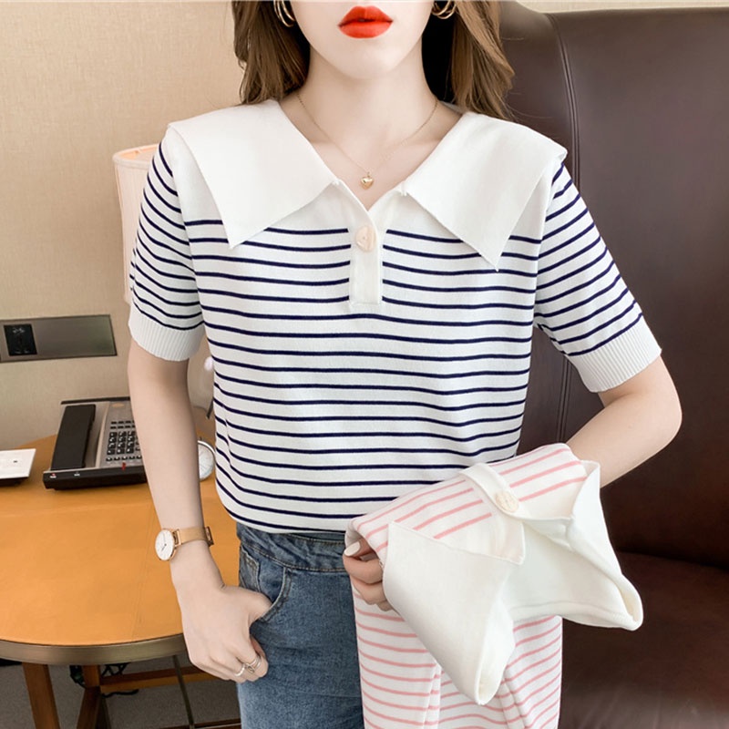 Áo Thun Dệt Kim Tay Ngắn Dáng Ôm Họa Tiết Kẻ Sọc Thời Trang Hàn Quốc Cho Nữ