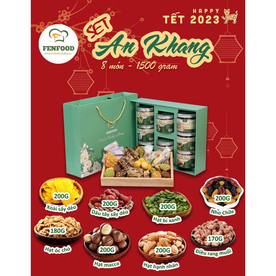Set Quà Tết Fenfood (Óc chó vàng, Xoài, Macca, Hạnh Nhân, Hạt Điều, Nho, Hạt Bí, Dâu tây) - 1500g