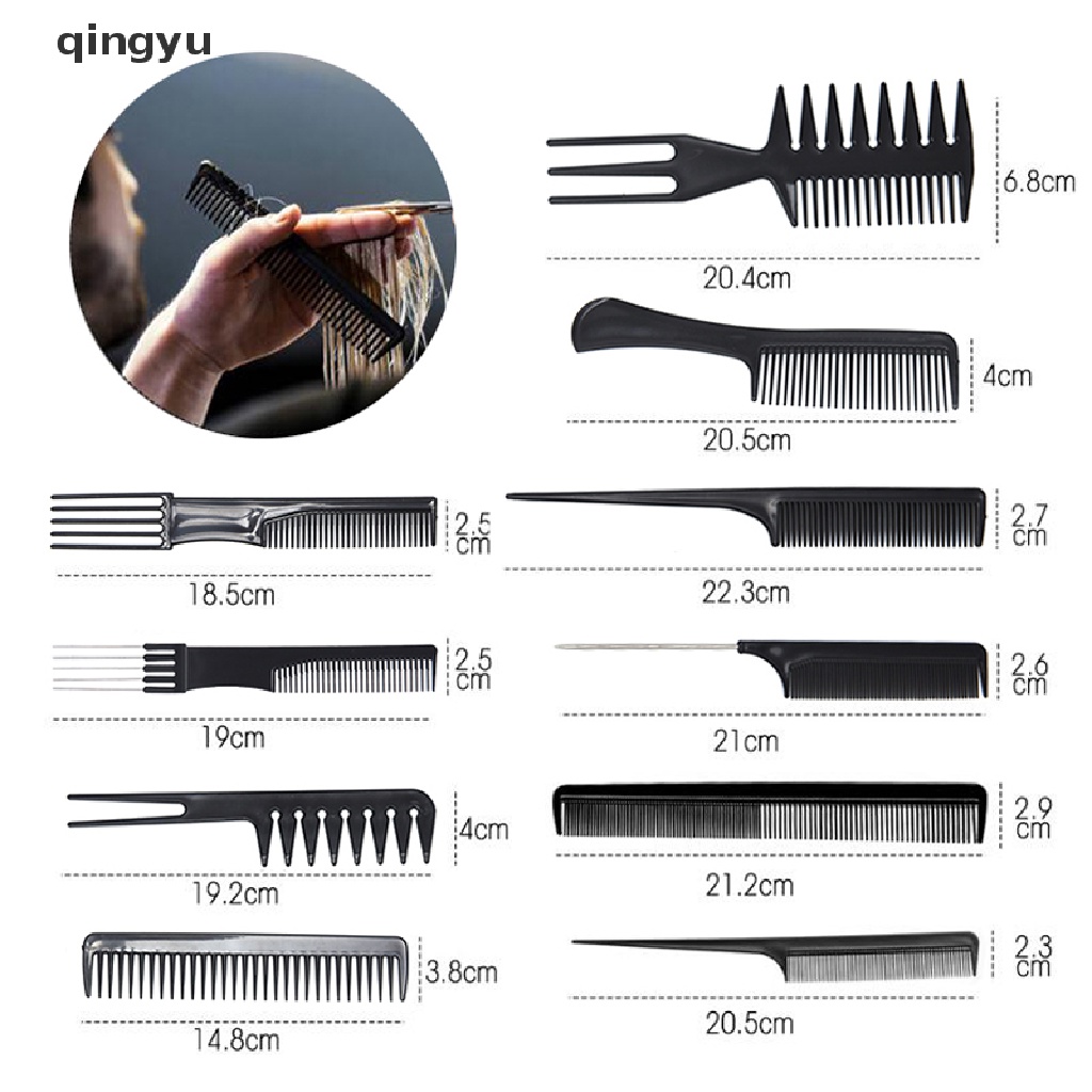 Bộ 10 Lược Màu Đen Chống Tĩnh Điện Chuyên Dụng Cho Salon Làm Tóc