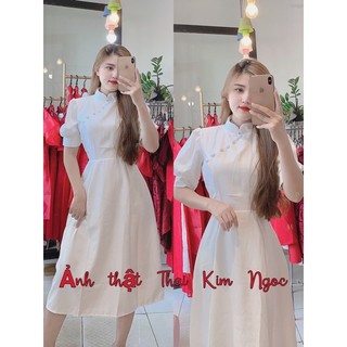 Đầm dự tiệc phối nút bọc cổ cách điệu