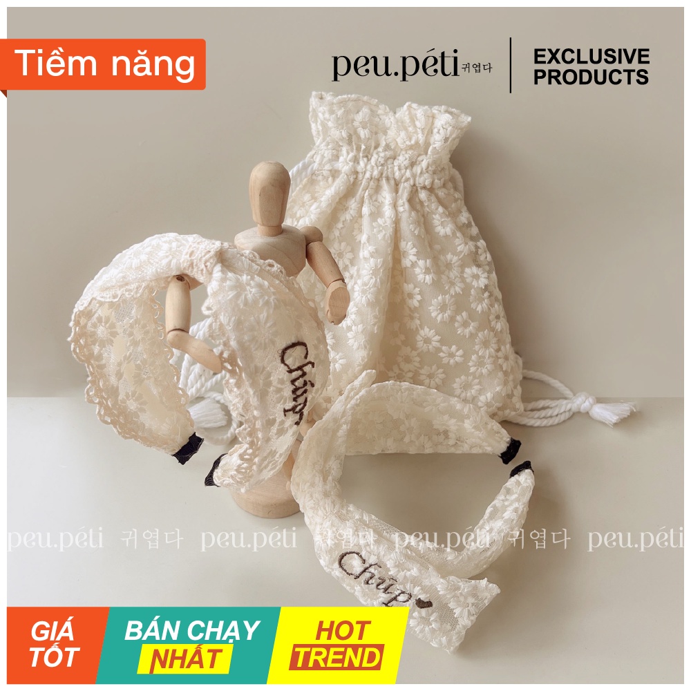 Set Turban/Bờm THÊU TÊN + Túi rút kiểu balo Ren Hoa điệu đà phong cách Hàn Quốc cho bé từ 0m peu.péti (ẢNH+CLIP THẬT)