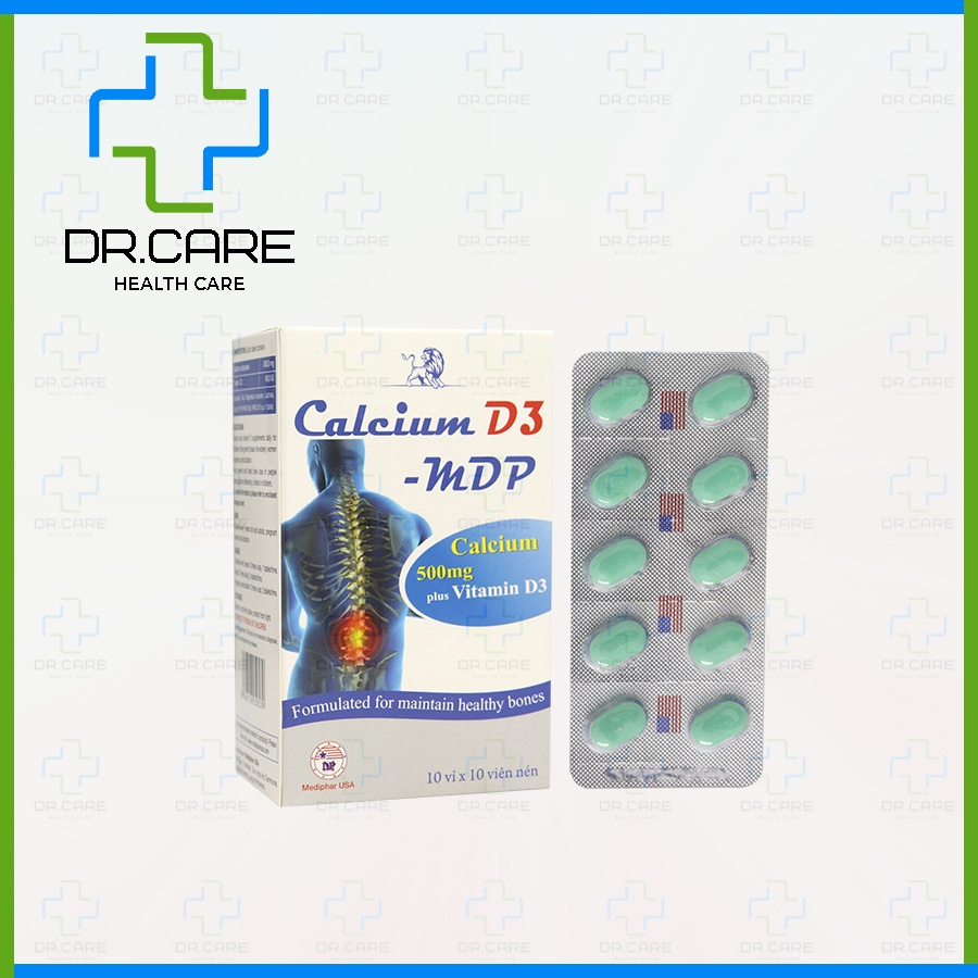 Viên uống Calcium D3 MDP bổ sung Canxi Cacbonat 500mg + vitamin D3, giảm còi, loãng xương, giúp tăng trưởng, phát triển