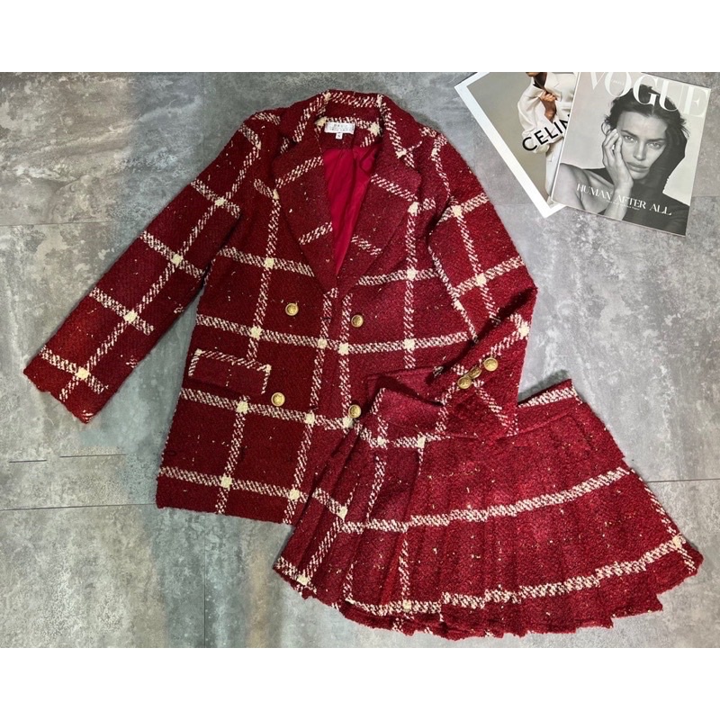 Set váy dạ tweed ALENA Fashion váy vest dạ kẻ đỏ dáng xoè hai chi tiết áo vest chân váy xếp ly dáng ngắn xoè Hàn Quốc