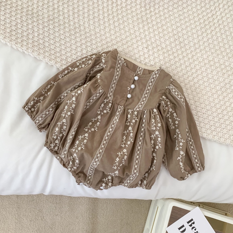 Bộ Áo Liền Quần Tay Dài Phối Nút Ngọc Trai Thời Trang Mùa Hè Cho Bé Gái Sơ Sinh