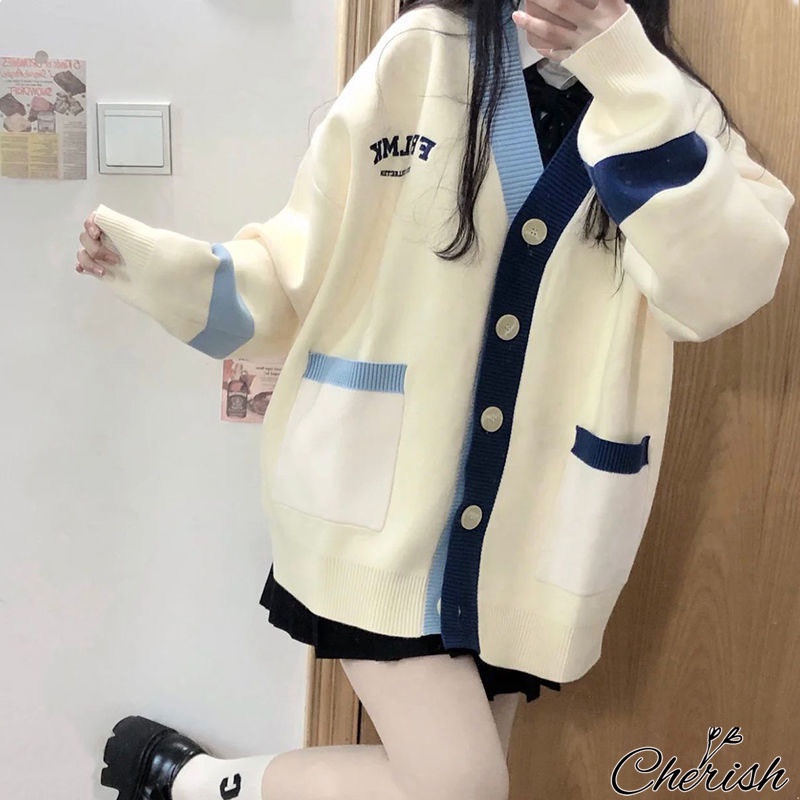 Áo Khoác Cardigan Thêu Chữ Phối 2 Màu Áo Cadigan Len Nữ dày dặn CHERISH-CD08