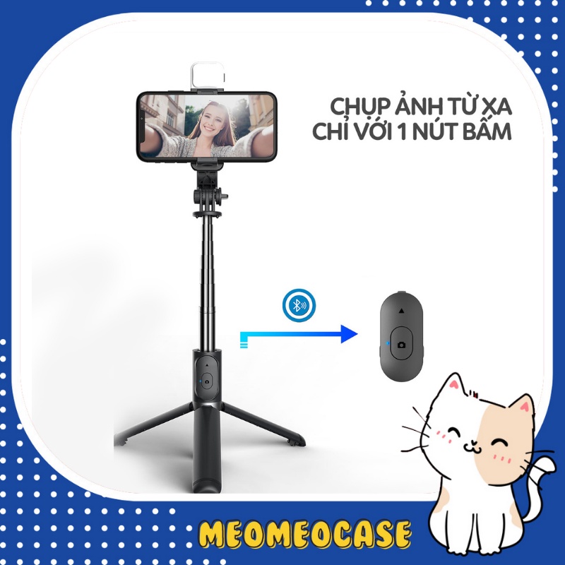 Gậy chụp ảnh selfie 3 chân có remote điều khiển từ xa, có đèn led trợ sáng - Gậy tự sướng chụp hình xoay 360 độ - Meomeo