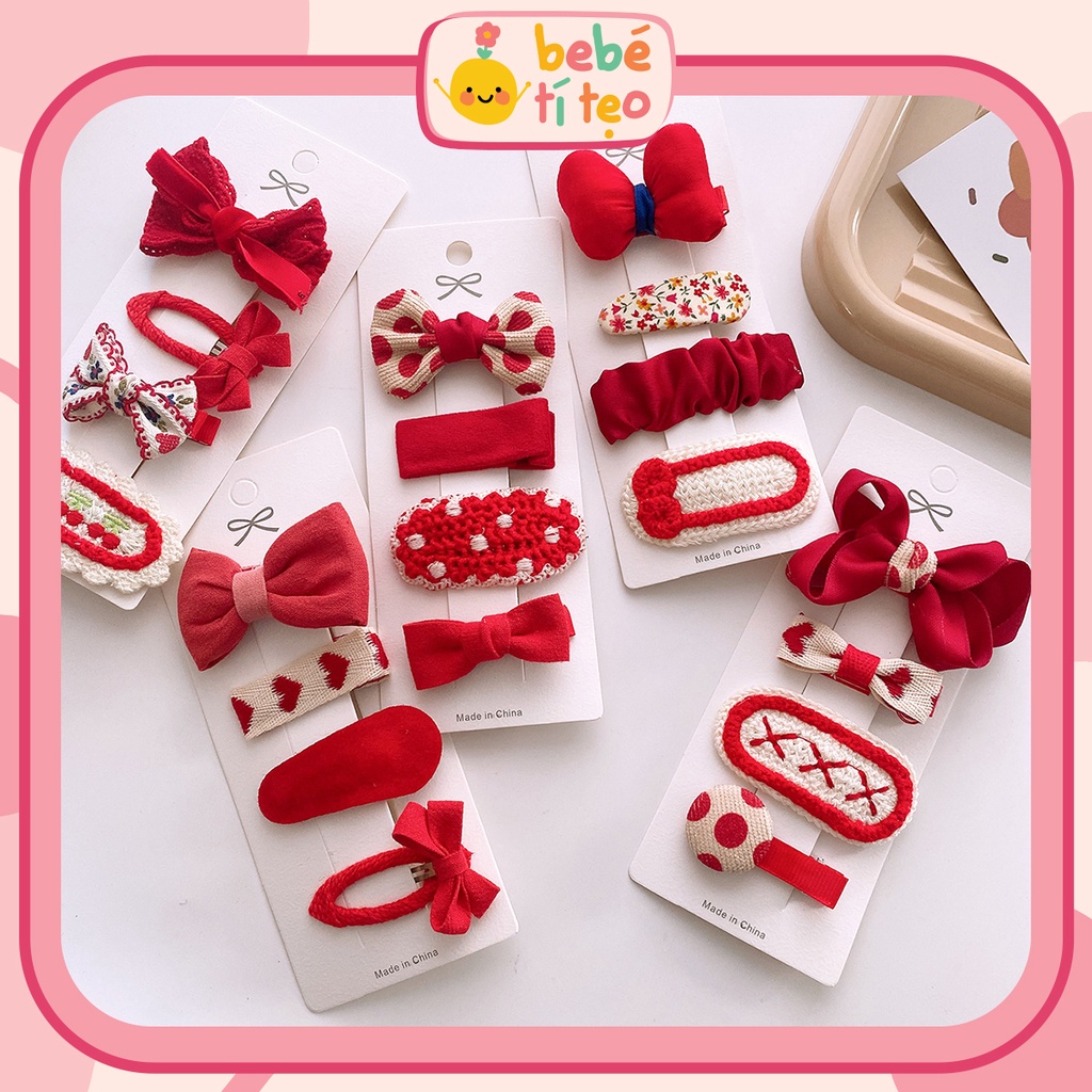 Set Kẹp Tóc Tone Đỏ Cho Bé Gái Đi Chơi Dễ Thương Bebé Tí Tẹo PKT10