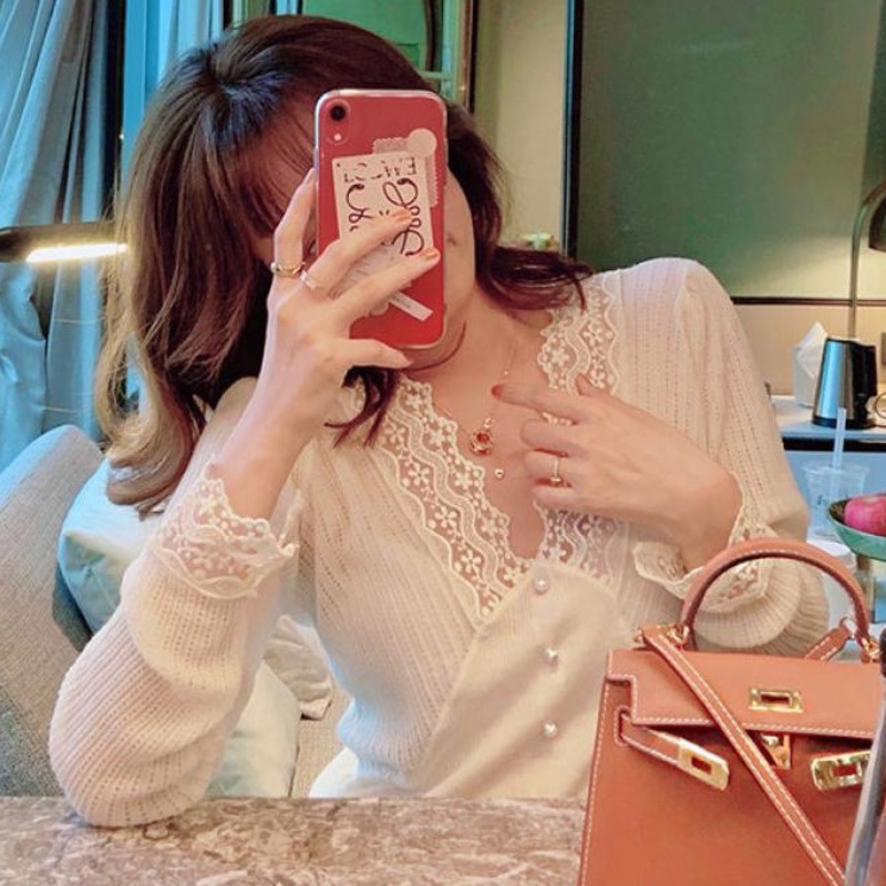 Áo Sweater Dệt Kim Tay Dài Cổ Chữ v Viền Ren Thời Trang Mùa Thu Cho Nữ