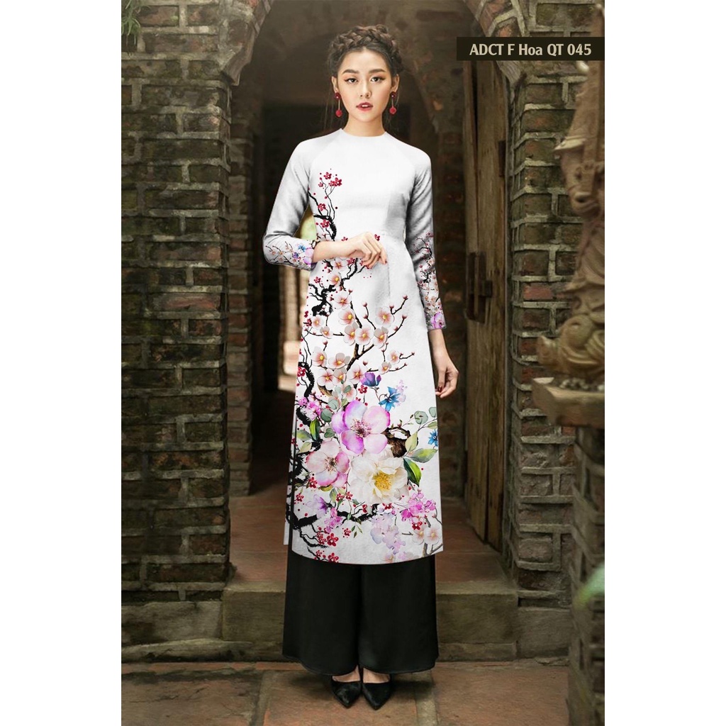 Áo dài cách tân nữ đẹp thiết kế may sẵn  in hoa đào có co giãn, mềm mại in 3D