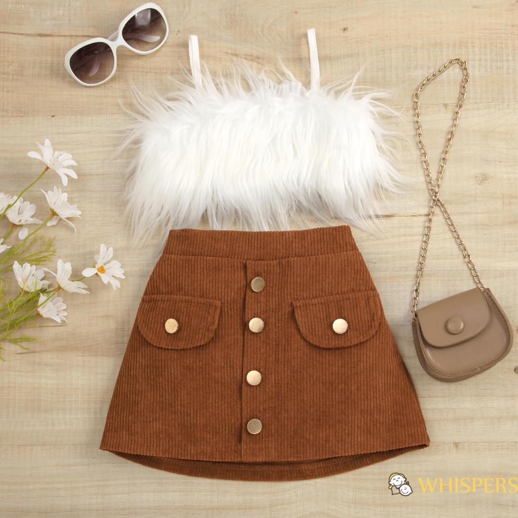 Set Áo Croptop Sát Nách Màu Sắc Trơn + Chân Váy Phối Nút Cho Bé Gái 1-6 Tuổi