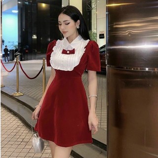 Đầm dự tiệc hai màu đầm đỏ, đen kiểu đầm xòe phối màu trắng cổ bèo đính nơ chất nhung cứng dày dặn thời trang nữ ARAVA