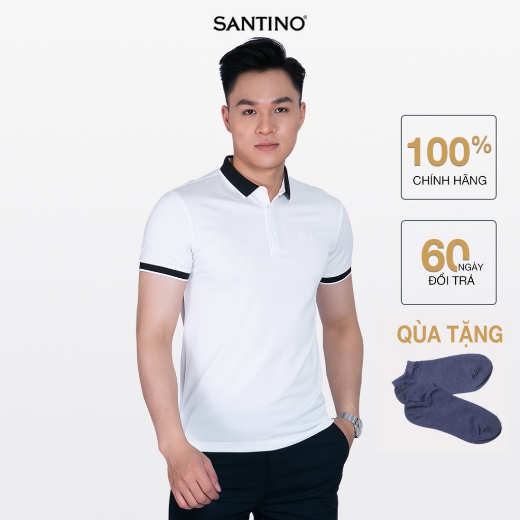 Áo Polo Nam Trắng Cá Sấu Santino Form Chuẩn Phối Bo Cổ Đen Trẻ Trung Chống Nhăn E001