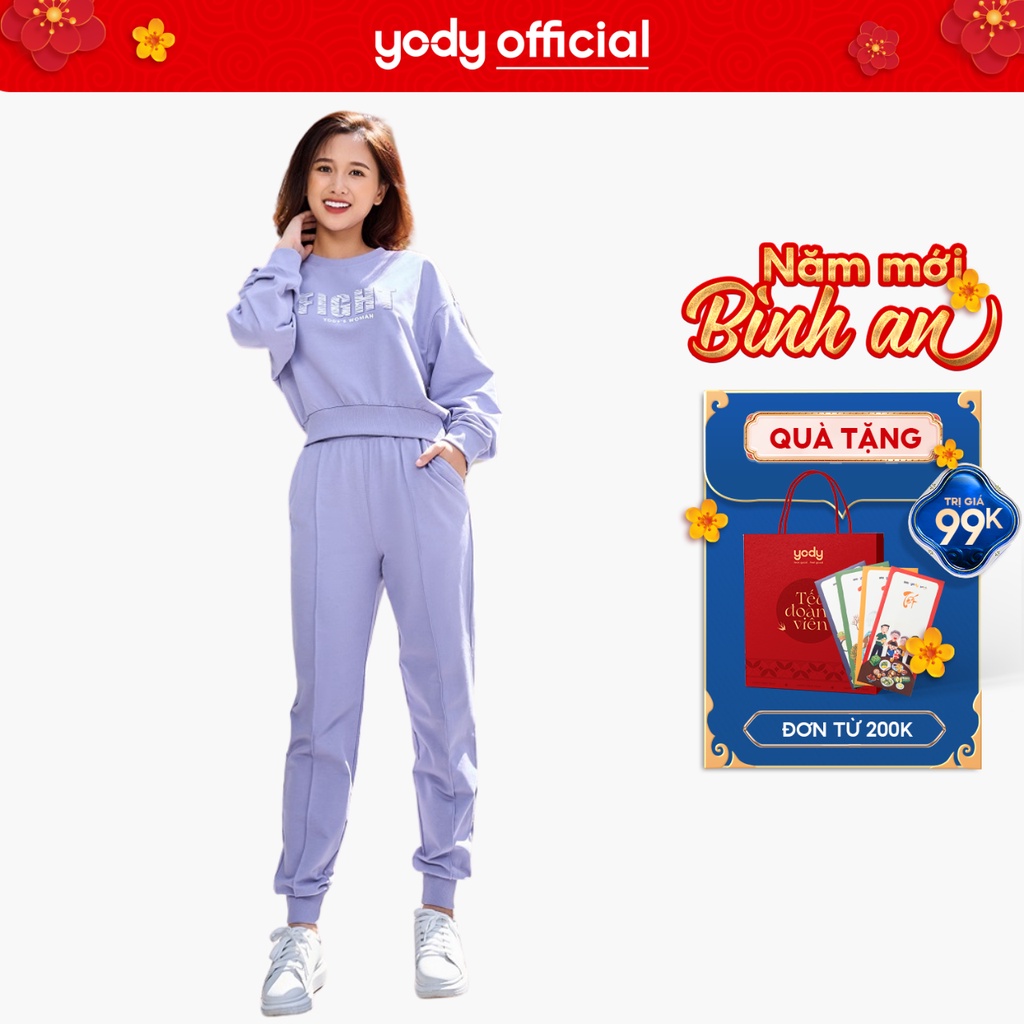 Bộ đồ nữ dày tay YODY in chữ chất liệu nỉ da cá thoải mái giữ ấm tốt BTN5018 2