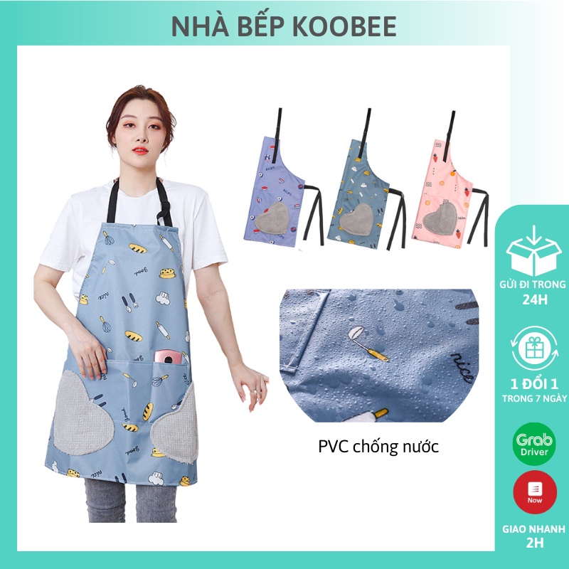 Tạp dề nấu ăn chống nước chống thấm PVC có túi đựng và khăn lau tay họa tiết dễ thương (CSNC28)