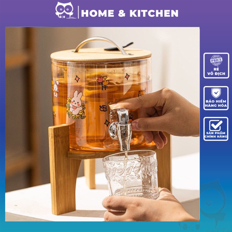 Bình nước thủy tinh cao cấp có vòi rót dễ thương 2.8L có kệ gỗ tiện lợi - Có sẵn