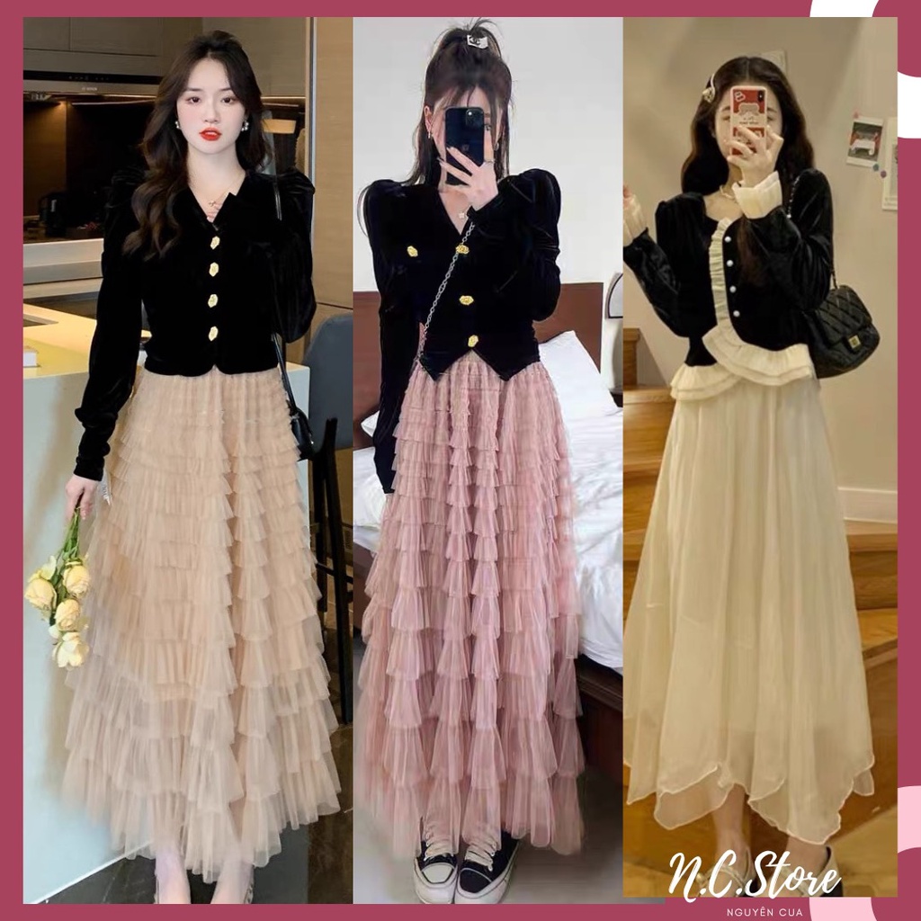 Set Áo Nhung Cúc Hoa + Chân Váy Công Chúa Cực Xinh