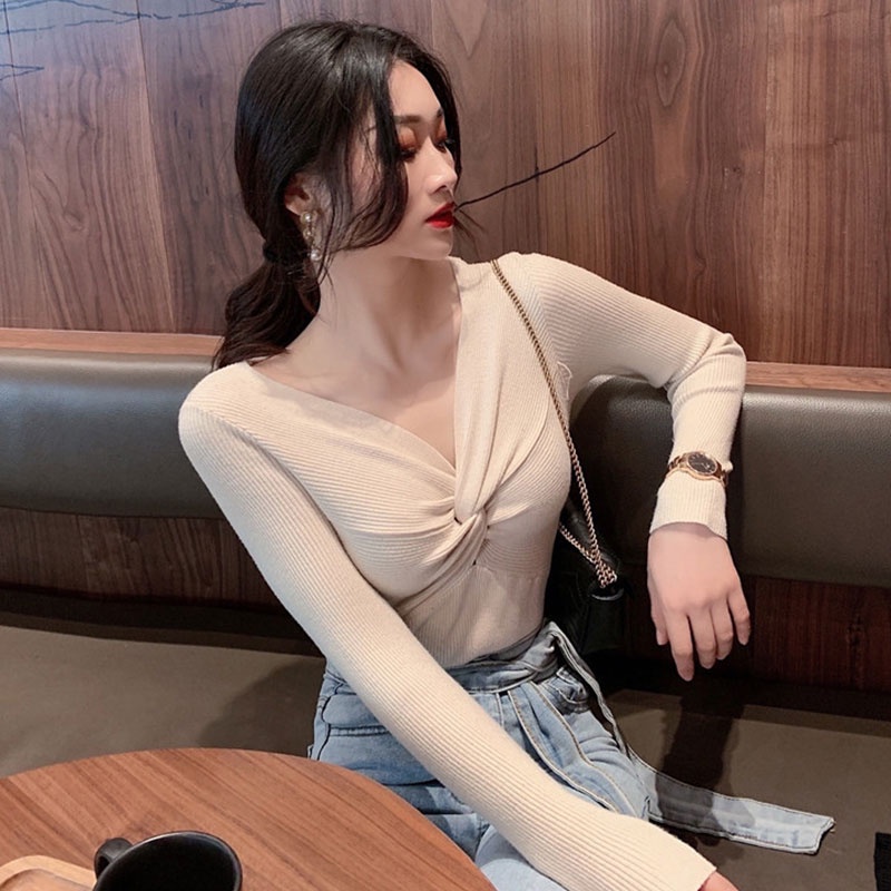 Áo Dệt Kim Tay Dài Cổ Chữ V Dáng Ôm Phong Cách Thời Trang Hàn Quốc Dành Cho Nữ