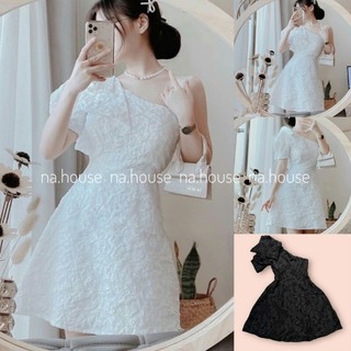 ĐẦM GẤM TRẮNG LỆCH VAI ĐI DỰ TIỆC CƯỚI SINH NHẬT NAHOUSE VÁY XỐP ĐEN NƠ VAI DÁNG XÒE THIẾT KẾ ĐẸP VÀ SANG TRỌNG