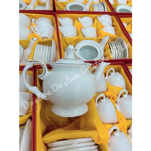 Bộ ấm chén viền vàng, Bộ ấm chén Cát Tường Bát Tràng 500ml, HỘP ĐẸP LÀM QUÀ BIẾU TẶNG, nhận in logo lên ấm chén