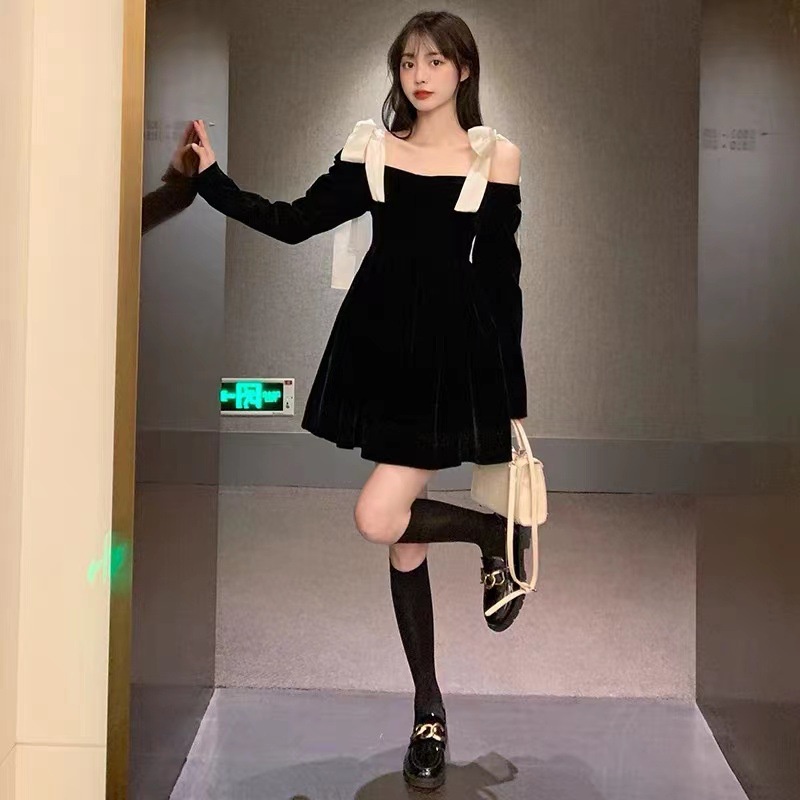 IELGY  IELGY Đầm Ôm Dáng Màu Trắng Đen Ngọt Ngào Phong Cách hepburn Cho Nữ