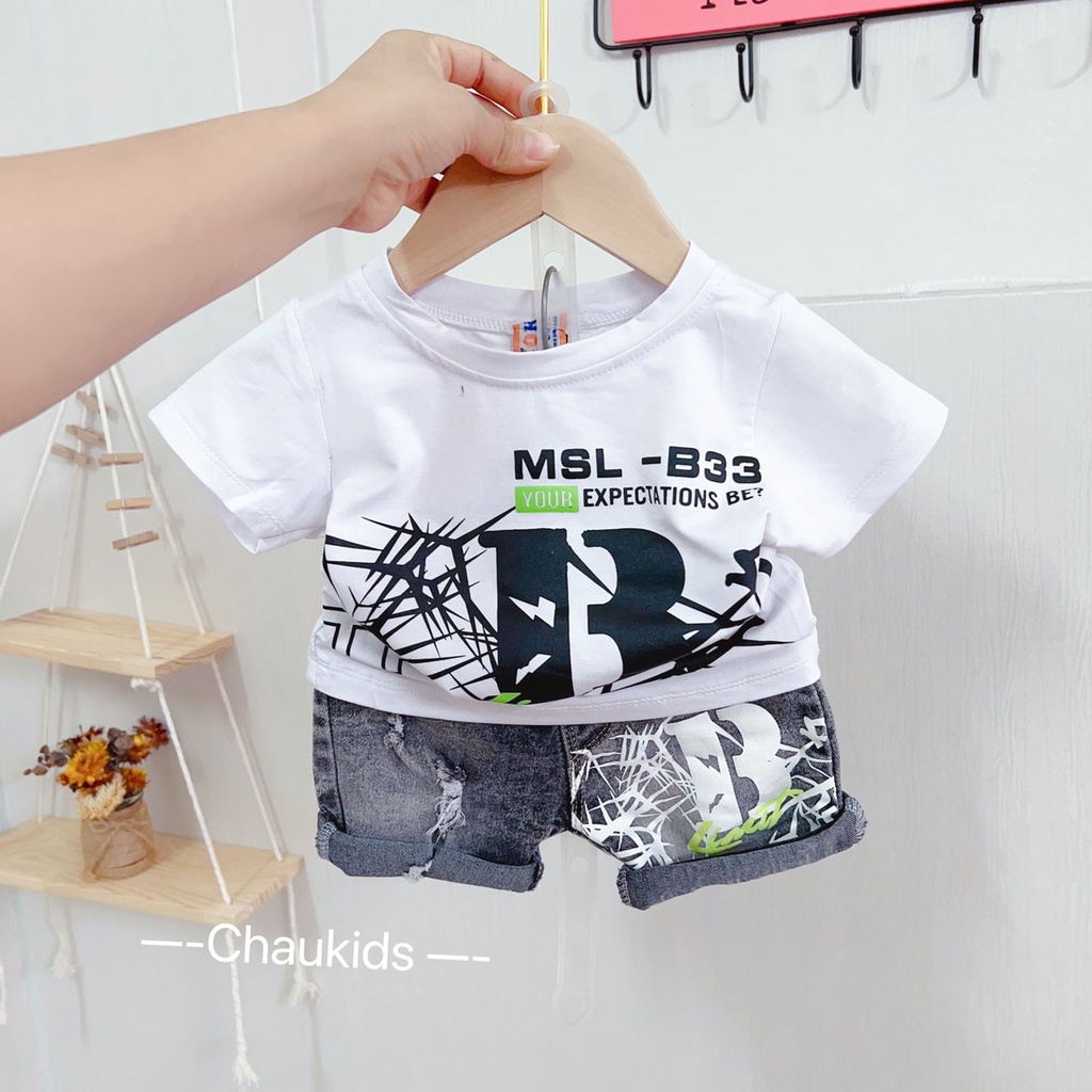 Quần áo bé trai, set bộ cộc tay áo cotton họa tiết MSL phối kèm quần short jean lạ mắt cho bé