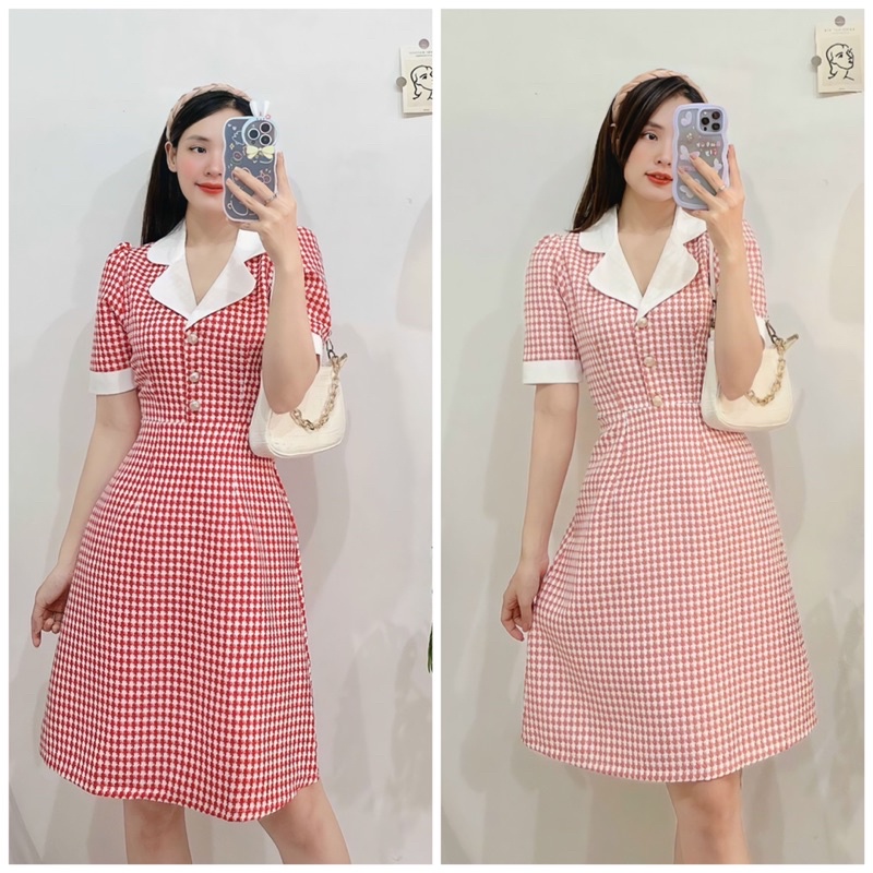 Đầm thiết kế váy cổ vest dáng chữ A dạ kẻ