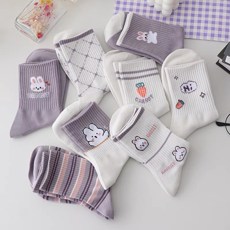 Tất nữ cao cổ, họa tiết thỏ cà rốt đáng yêu, phong cách hàn quốc, chất liệu thoáng mát, thấm hút mồ hôi