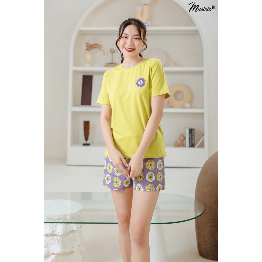 Bộ Đồ Ngủ Áo Thun 100% Cotton Quần Đùi Linen Vàng (Mustoto MB08)