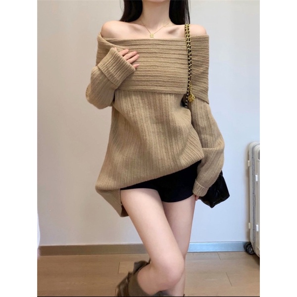 (SẴN) Áo len trễ vai chất dày màu nâu