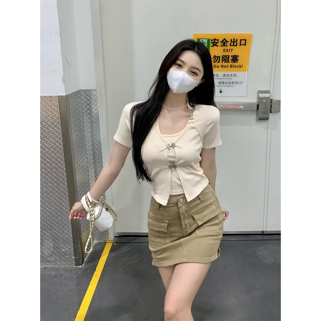 Áo kiểu ZHELIHANGFEI tay ngắn giả hai lớp phong cách Mỹ thời trang cho nữ