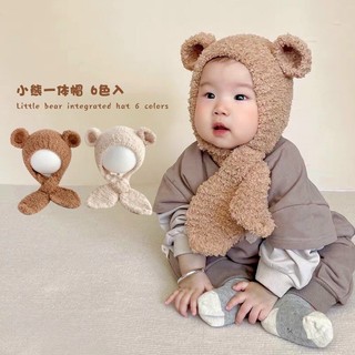 Mũ len tai gấu liền khăn lông xù mềm mại dễ thương cho bé trai bé gái