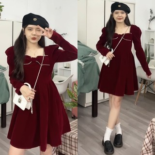 [ẢNH THẬT] VÁY NHUNG NƠ ĐÍNH ĐÁ NGỰ.C CỔ VUÔNG DÁNG XOÈ VNNDDN