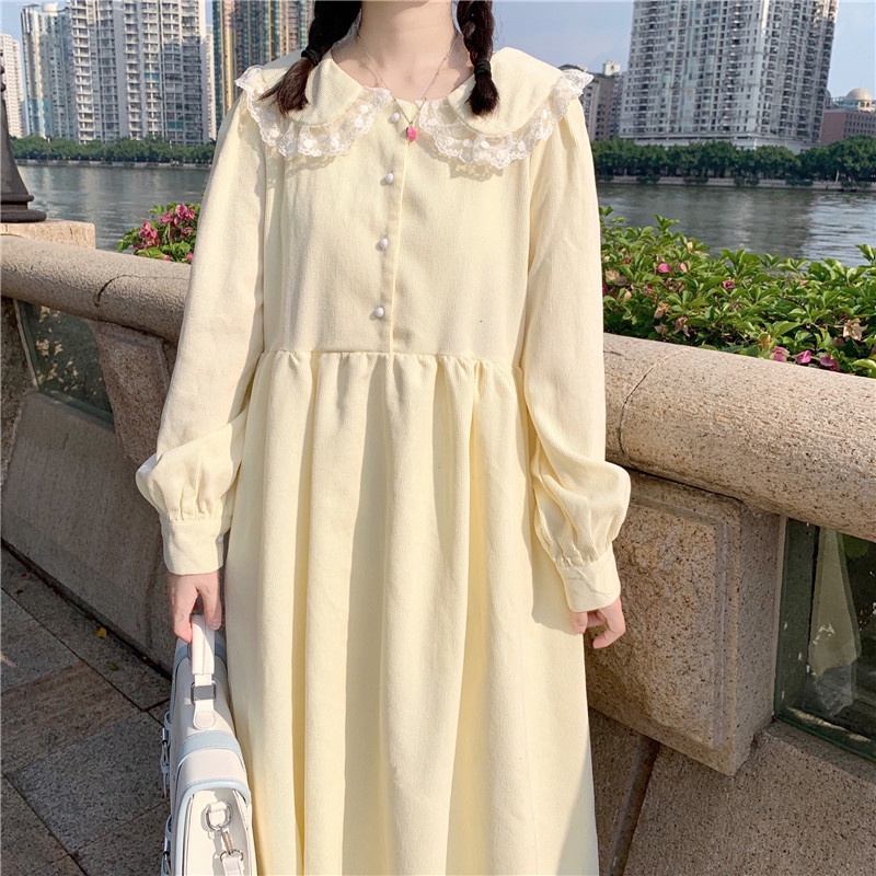 Đầm Tay Dài Cổ Tròn Dáng Rộng Phối Ren Hoa Mơ Phong Cách Hàn Quốc Xinh Xắn Cho Nữ